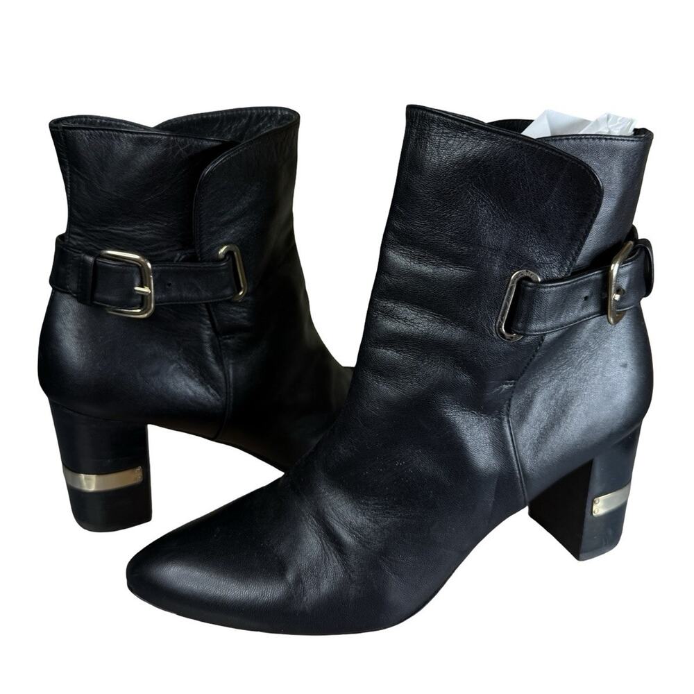 Stuart Weitzman Imback Ankle Boots Black Nappa Leather Buckle Heel 8.5